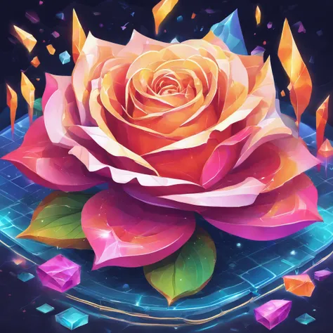 A radiant rose with petals displaying rainbow-like colors,emanating the light of both the sun and the moon，Crystal material