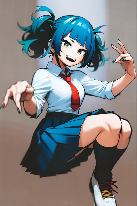 masterpiece, best quality, High quality, ultra detailed, 1girl, solo, full body, (((blue hair))), ((Medium short hair)), ((messy Hair)), (Short hair), (((Unkempt hair))), ((big sized short twin tails)), ((diagonal bangs, blunt bangs, slant bangs, straight ...