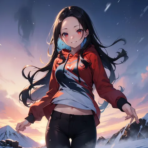 (masutepiece,Best Quality,8K),(extremely detailed CG1.1),teens girl,Smile,large boob,(From below:1.2),Intricate details , Hyper realistic, Perfect Anatomy,A dark-haired,Red Eyes,(((Forehead))),Permed hair with wavy hair,(((length hair))),Hair over one eye,...