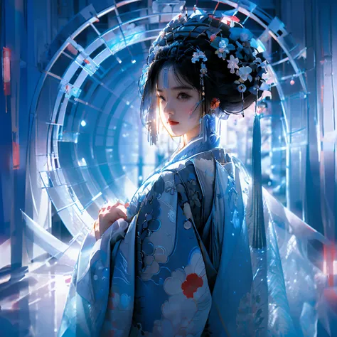 A woman in a blue and white dress with flowers in her hair, hanfu, palace, girl in hanfu, blue hanfu, white hanfu, wearing ancient Chinese costume, ((beautiful fantasy queen)), ancient Chinese princess, Chinese style, traditional Chinese clothing, ancient ...