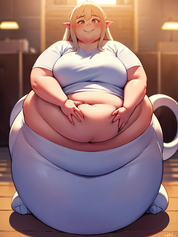 ((Masterpiece)), 4K, realistic anime, obese 1girl, obese lamia, scales, white shirt, full body, obese body, Original Character, fat arms, fat belly, big cheeks, cute and fat face, fat taill, Volumetric Lighting, Best Shadows, Shallow Depth of Field, Stunni...