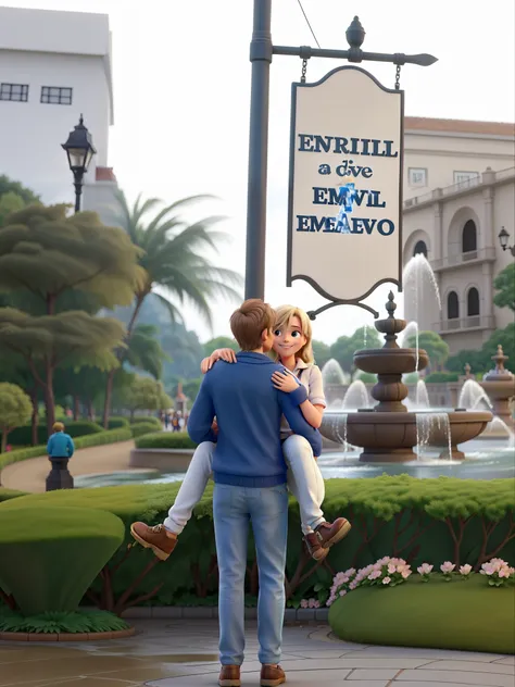 The couple is in love, she is blond and is smile, he is brown and is look the ate camera and they are in front of a sign that says fountain of eternal love, em meio a chuva fraca e pouco nevoeiro, low quality video