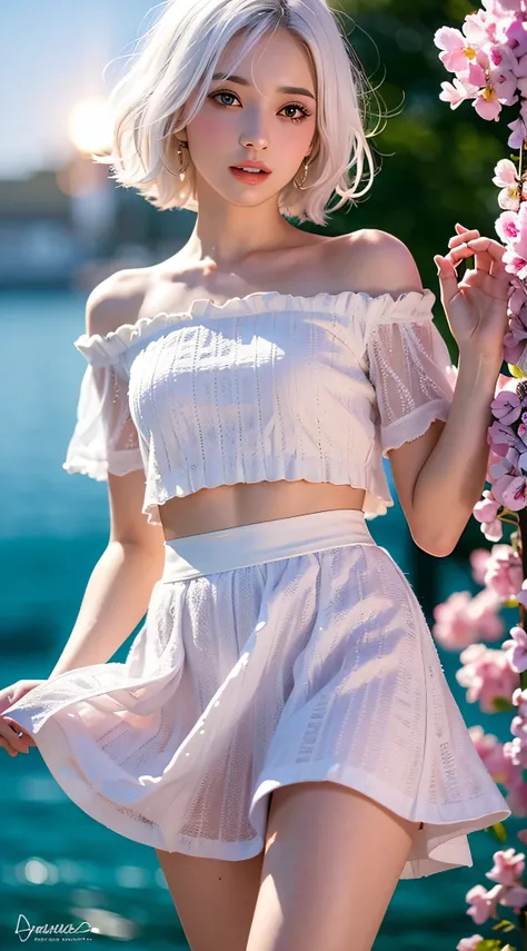 Realistic, 1girl, white hair, purple eyes, glowing eyes, cropped top, skirt, parted lips, blush, night, flowers, sun, sunlight, white skirt, short skirt, medium length hair, real, warm colors, white short Dress, white clothes, light background color, day e...