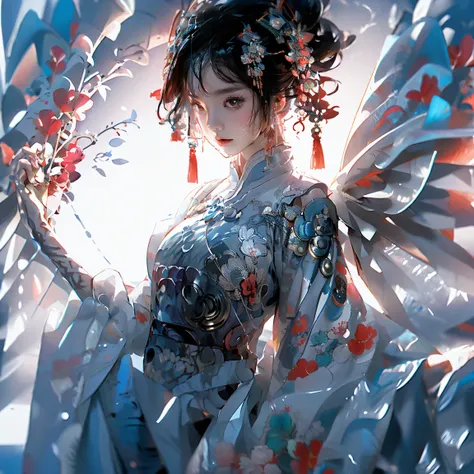 A woman in a blue and white dress with flowers in her hair, hanfu, palace, girl in hanfu, blue hanfu, white hanfu, wearing ancient Chinese costume, ((beautiful fantasy queen)), ancient Chinese princess, Chinese style, traditional Chinese clothing, ancient ...