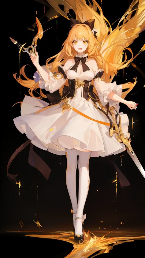 Anime Chorus of the Prisms - An android girl, long golden hair, bright yellow eyes, a white-orange light dress, white stockings, a huge orange bow on dress, walks along one of the blocks of the underground urban complex "Shin Mal", holds a two-handed sword...