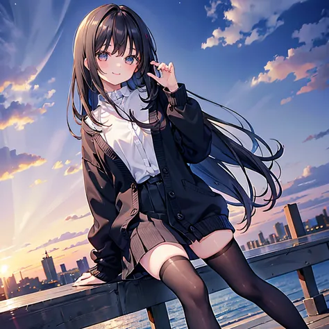 girl with、1 persons、18year old、Dark hair、Black eyes、length hair、A smile、huge smile、Smaller chest、Schools、校服、Cardigan、natta、On the rooftop、look up sky、fullbody image