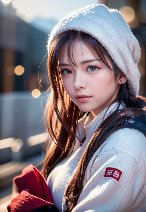 8K, of the highest quality, masutepiece:1.2), (Realistic, Photorealsitic:1.37), of the highest quality, masutepiece, Beautiful young woman, Pensive expression,、A charming、and an inviting look、snowboarder、Ski Wear, Hair tied back, Cinematic background, Ligh...