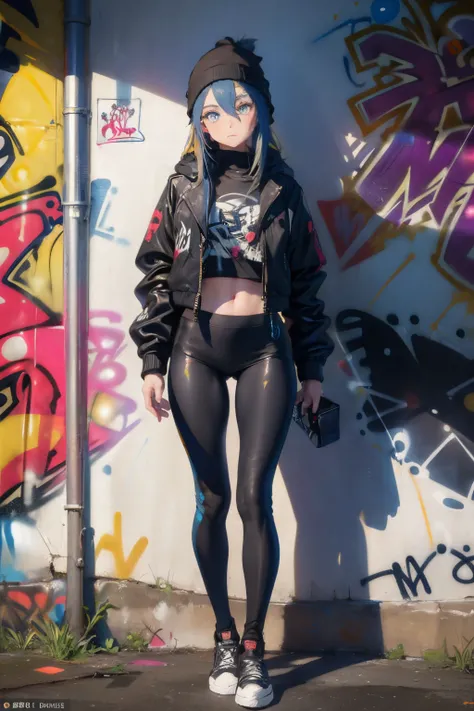 (masterpiece:1.2, best quality), (graffiti wall:1.2), 1lady, beanie, jacket, Leggings, blue eyes, fullbody,