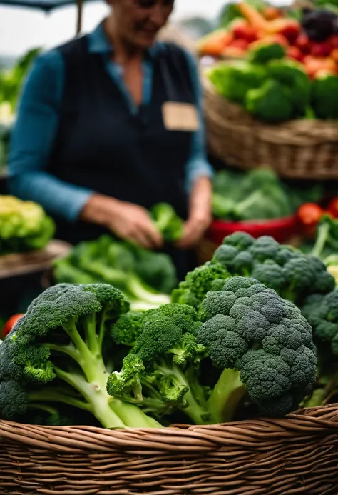 A close-up shot of a person’s hand reaching into a basket of fresh broccoli at a farmer’s market, with other colorful vegetables in the background, capturing the beauty and abundance of locally sourced produce.