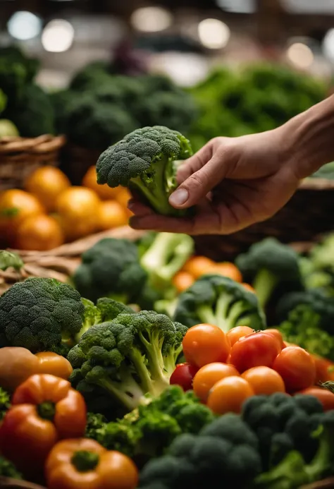 A close-up shot of a person’s hand reaching into a basket of fresh broccoli at a farmer’s market, with other colorful vegetables in the background, capturing the beauty and abundance of locally sourced produce.