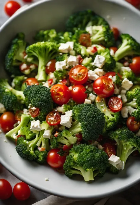 A high-resolution image of a broccoli salad, with finely chopped florets mixed with other ingredients like cherry tomatoes and feta cheese, creating a visually vibrant and refreshing dish.