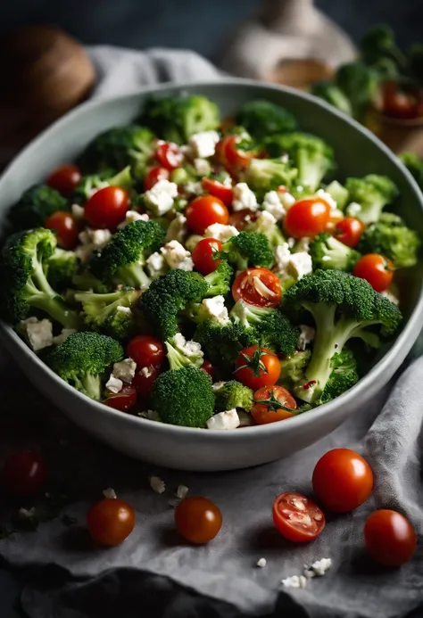 A high-resolution image of a broccoli salad, with finely chopped florets mixed with other ingredients like cherry tomatoes and feta cheese, creating a visually vibrant and refreshing dish.