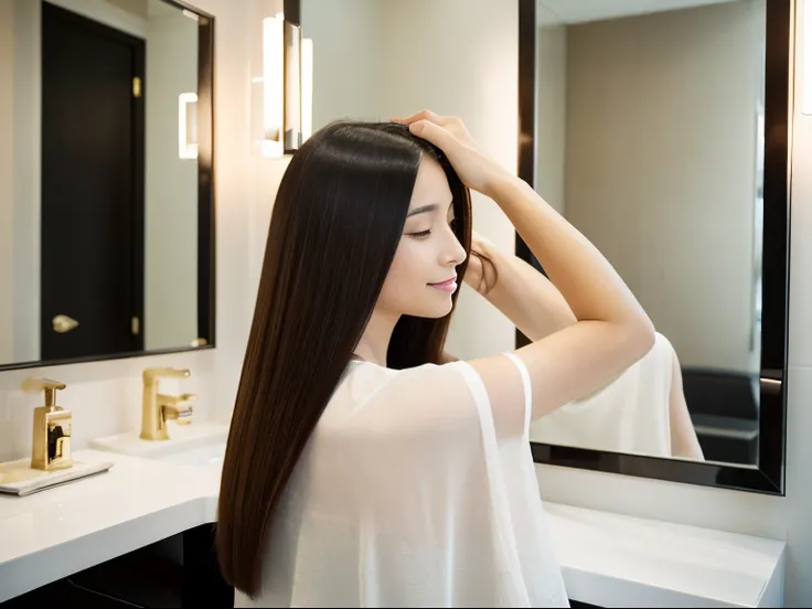 In a modern Japanese beauty salon、A scene of a woman gently stroking her hair straightened by a hairdresser。she looks in the mirror、I feel happy and satisfied with the feel and look of smooth, perfectly straight hair.。The salon has a modern and sophisticat...