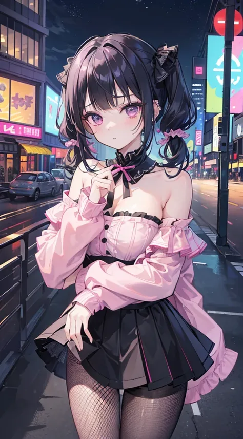 (8k、Top image quality、top-quality、​masterpiece)、1 girl in、Black hair twintails、short-hair、waved hair、blunt bangs、Purple eyes、expressionless、piercings、Moderately breasts、Pink ruffled clothing、off shoulder strapless、Black miniskirt、((Fishnet tights))、cowboy ...