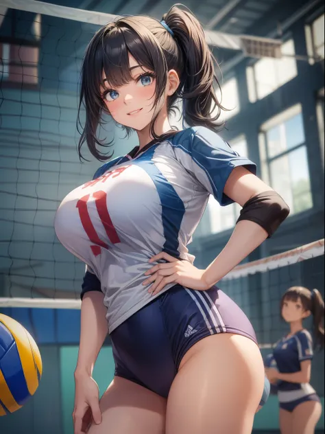 top-quality、Full limbs、complete fingers、one beautiful women、Beautiful Large Breasts、Medium Hair、poneyTail、A dark-haired、(blue volleyball uniform:1.3)、Blue bloomers、Bold sexy poses、Smile、20 years girl、Gymnasium、Volleyball Court、volley