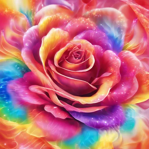 radiant rose，Petals in rainbow colors,Radiating the light of the sun and moon，Crystal material，Reflective，refractions，cleanness，ultradetailed，hyper realisitc，Best quality