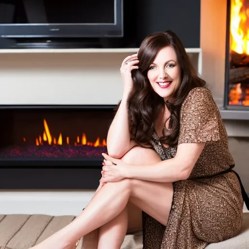 photo of a 50-year-old  woman with  straight brown hair, white skin, beautiful eyes, rounded face, wearing a short black nightgown, black heels, fireplace in the background, ultra realistic, 32 k uhd