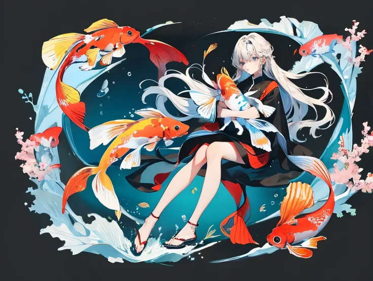 In the deep sea, a long-haired girl holds a koi fish in her arms，Ultra-clear，2D，Emphasize red and blue，golden section。