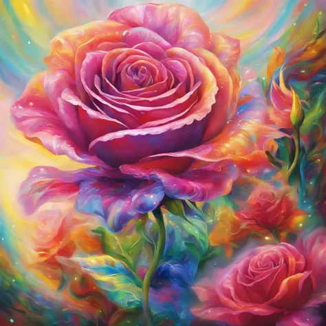 A radiant rose with petals displaying rainbow-like colors,emanating the light of both the sun and the moon，Crystal material，Light，cleanness，Reflective，refractions，Ray traching，super-fine，Hyper-realistic，best qualtiy