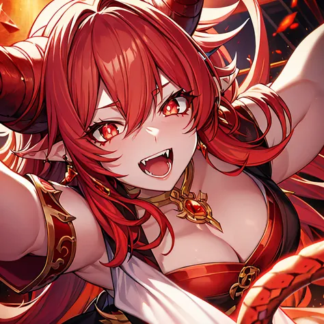 red hair, messy hair, dragon horns, white hairband, snake pupils, amber eyes, pointy ears, crystal earrings, fangs, laughing, red lips, anime, first-person view, tachi-e, UHD, masterpiece, textured skin, high details, best quality, HD