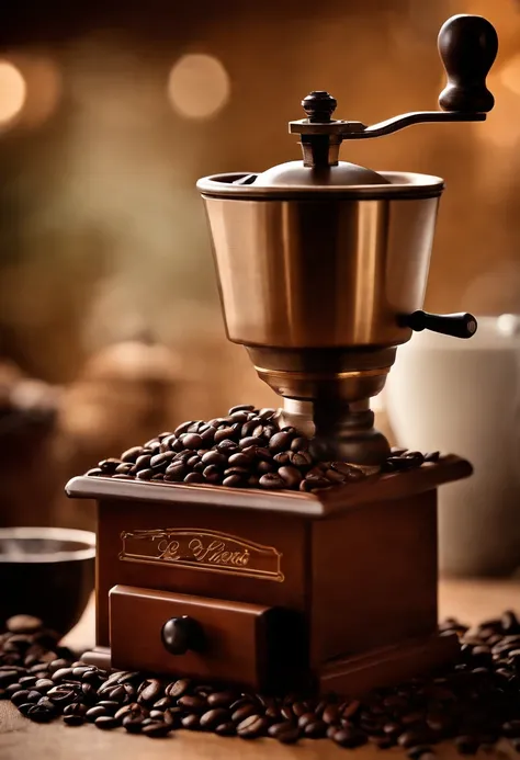 A visually stunning composition of a coffee grinder with a pile of fresh coffee beans next to it, capturing the process of grinding beans and evoking the aroma and anticipation of a freshly brewed cup of coffee.