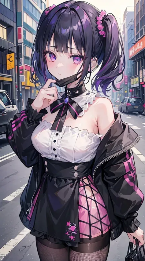 (8k、top image quality、top-quality、​masterpiece)、1 girl in、black hair twintails、short-hair、waved hair、blunt bangs、purple eyes、exp...