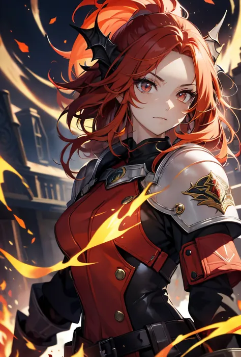 best qualtiy，tmasterpiece，Ultimate Resolution，downy，highly colorful，Woman,Flame-haired Shakugan,dragon horn,Rider Suit,Powerful eyes,deep red hair and eyes,Show fangs