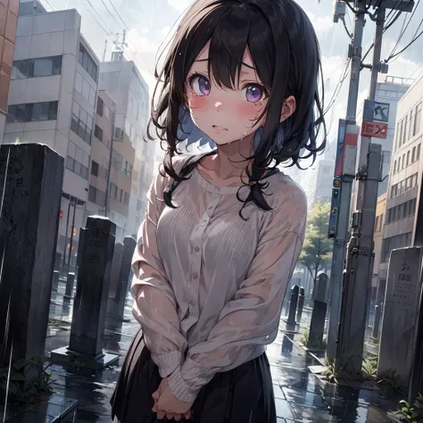 a girl, in front of a grave, rainy day, looking up to the sky, tearful face