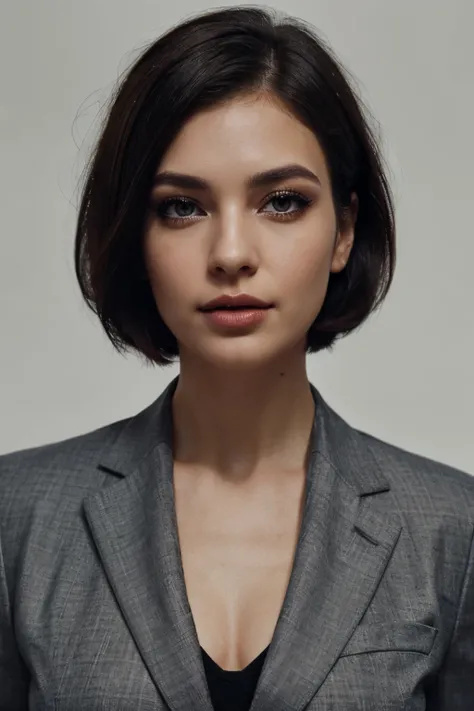 Woman with short haircut, dark colored hair, light eyes, dark makeup, whitebackground, business suit, long eyelashes, bright lips, light background