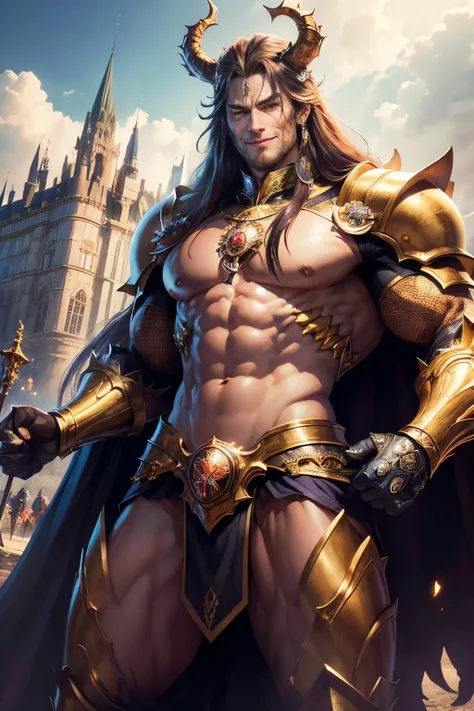 超A high resolution、An ultra-high picture quality、8K、Detailed details、marvelous expression、Beastman、king cobraman、super slender man、Wear metal armor on your golden body、long limbs、Invincible smile、uptight、terror、landscape with old european castles