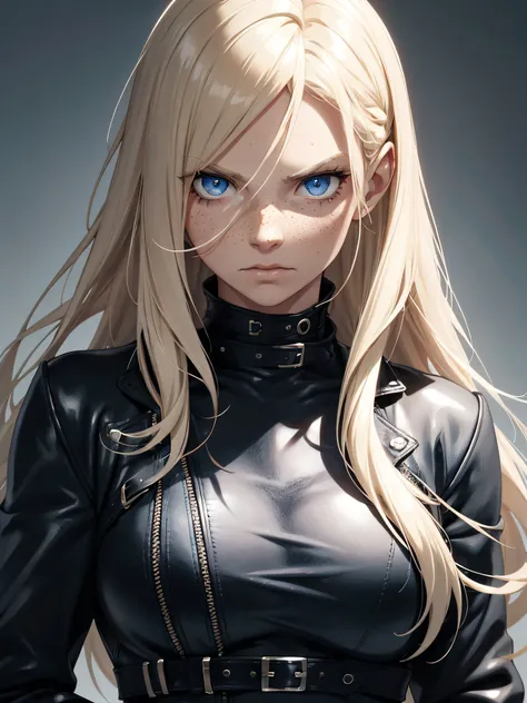 one woman, she had long blond hair, blue eyes, she had freckles, wearing a black leather jacket, wearing black fingerless gloves, serious face expression, muscular body, close up, grey background, ultrasharp, high res, 8k