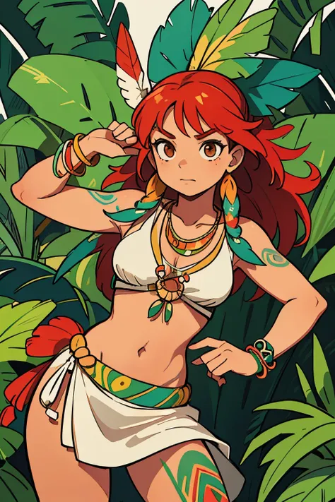 a Brazilian native Indian She is standing, em um ambiente de floresta tropical, She also wears necklaces and bracelets made from seeds and shells..., that symbolize the connection with nature. Her red hair is adorned with multicolored feathers., exibindo s...