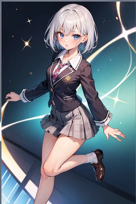 Product quality, ((1girl in)), Full body shot, (low angles:1.2), a Japanese young pretty woman, hyper pretty face, (Silver-haired shorthair), Blushing cheeks, Glossy lips, Glamorous figure, ((Blue checked pleated skirt, neck tie)), (private school uniform)...