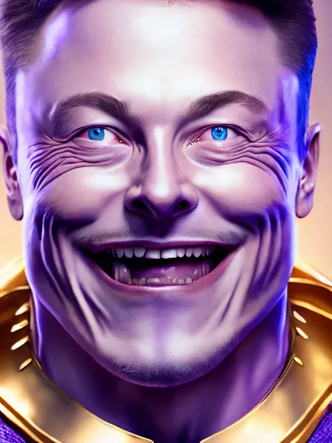 elon musk as (thanos), skindentation, bright realistic eyes and a huge maniacal grin, (perfect photo-realistic face), masterpiece, studio lighting, half body