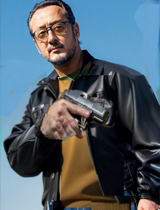 An around 40 year old man wearing a leather jacket with a gun, Character portrait inspired by Walter Gervolino, featured on zbrush central, neo-dada, Hideaki Anime Year, hideki anno, hideaki anno, Portrait of Ernest Khalmov, As the protagonist of GTA 5, we...