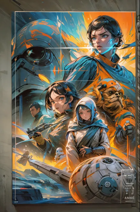 "((Animee)) book cover for Star Wars, dramatic scenes, ((expressive characters)), futuristic details, vibrant and ((captivating colors)), dynamic composition,