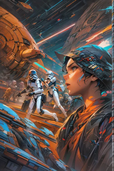 "((Animee)) book cover for Star Wars, dramatic scenes, ((expressive characters)), futuristic details, vibrant and ((captivating colors)), dynamic composition,