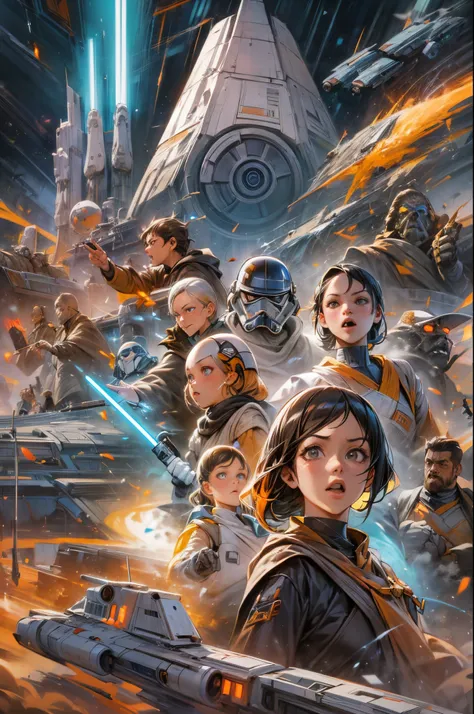 "((Animee)) book cover for Star Wars, dramatic scenes, ((expressive characters)), futuristic details, vibrant and ((captivating colors)), dynamic composition,