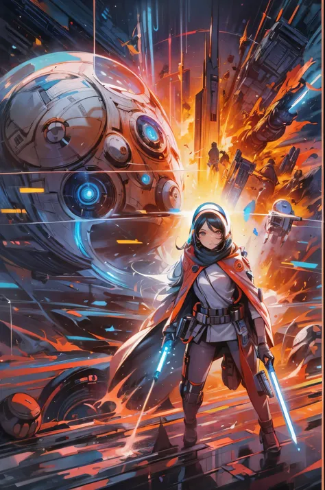 "((Animee)) book cover for Star Wars, dramatic scenes, ((expressive characters)), futuristic details, vibrant and ((captivating colors)), dynamic composition,