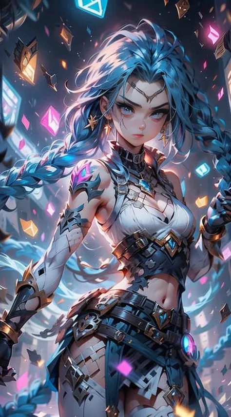 league of legend, (jinx \(league of legends\), 1girl, blue double braids, alone、full body shot of，standing on your feet，head to ...