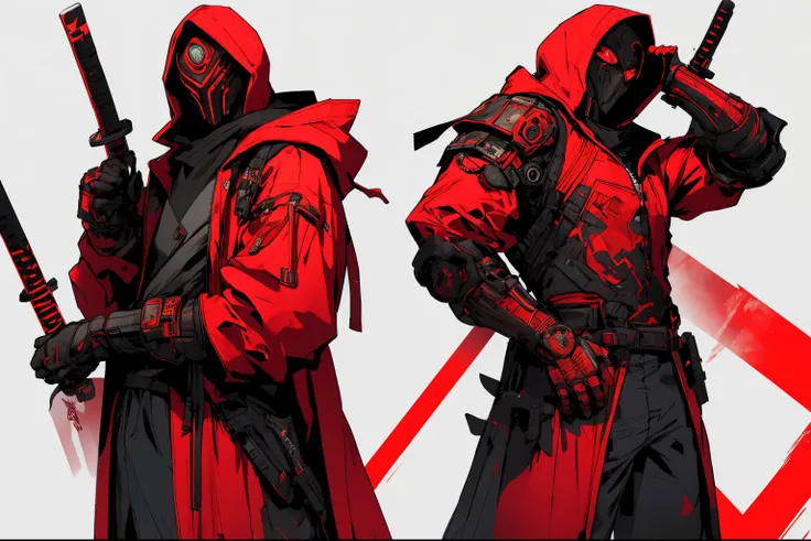 a man in a red jacket and black pants wearing a mask standing in a dark room, wearing cultist red robe, crimson attire, character from mortal kombat, as a character in tekken, fighting game character, cyberpunk assassin, red hooded mage, cyberpunk outfits,...