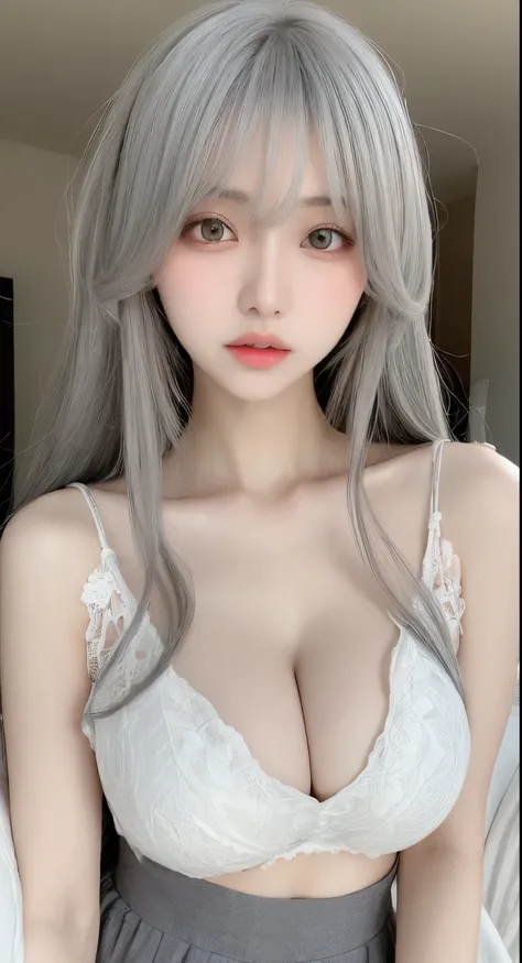 Beautiful woman with perfect body：1.4，Layered Hair Style，Protruding cleavage：1.2，Lolita skirt，Highly Detailed Face and Skin Textur，narrowed eyes，二重まぶた，Whitening Skin，Long gray hair，knock