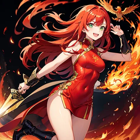 a cheerful girl who is the embodiment of a phoenix..、redhead sidetail、bangss、green eyes、red cheongsam（slit）、thigh exposure、long ...