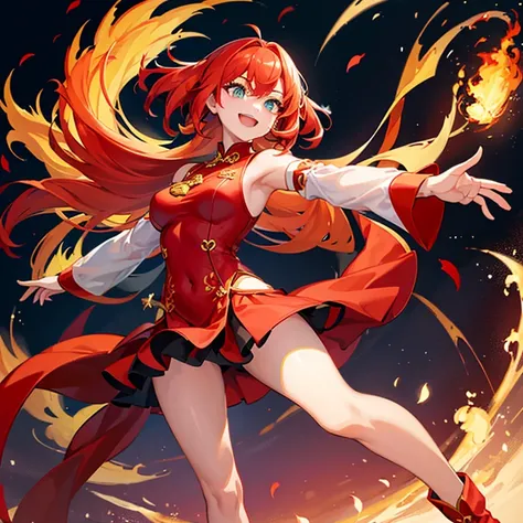 A cheerful girl who is the embodiment of a phoenix..、Redhead sidetail、bangss、Green eyes、Red cheongsam（slit）、Thigh exposure、Long black boots、There are red feathers on the back、raise a hand、Fire Effects、holding swords、a smile