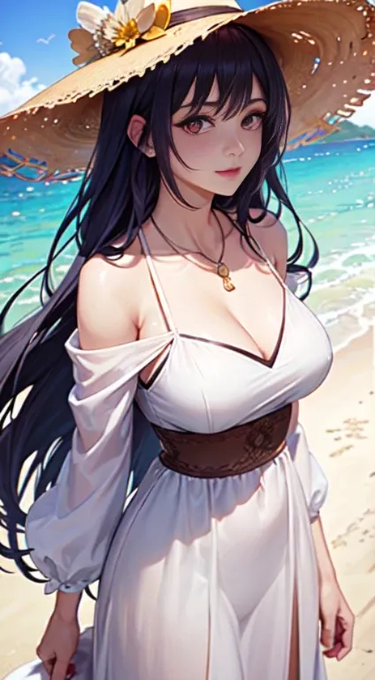 (masterpiece:1.2, best quality), (1lady, solo, upper body:1.2), Clothing: white flowy maxi dress, wide-brimmed hat, strappy sandals, Accessories: shell necklace, Hair: loose beach waves, Makeup: natural, glowing skin, Behavior: relaxed, carefree, free-spir...