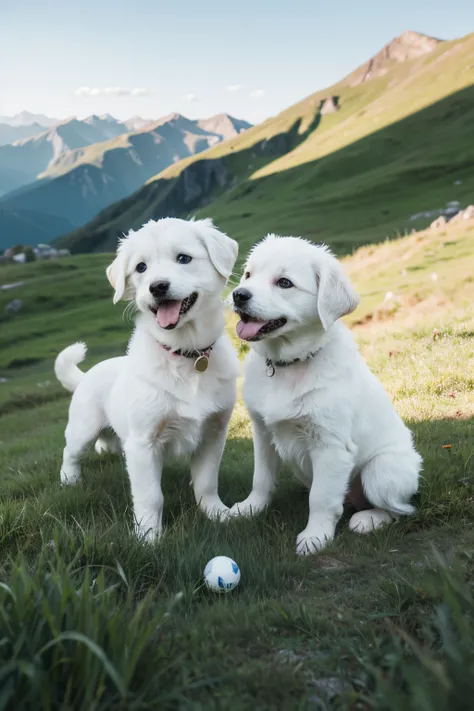 Two white puppies playing with a ball in the grass on the mountain