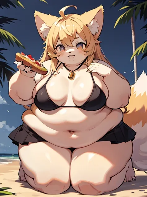 master peice,hyper quality, hyper detailed,Perfect drawing, 1 fat beautiful girl、Akita Inu Bikini、obese body, cute and fat face, Akita Inu ears、Akita Inu tail、Akita Inu palm、Akita Inu paws、Akita Inu fingers、sharp claws、Sharp fangs、Hunters eyes aiming for p...