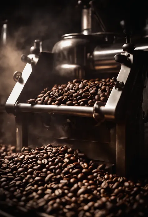 A high-resolution image of a coffee bean roasting machine, with coffee beans tumbling inside, capturing the industrial and dynamic process of transforming raw beans into flavorful roasted coffee.