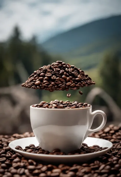 A visually stunning composition of a coffee cup surrounded by spilled coffee beans, creating a visually whimsical and playful scene.