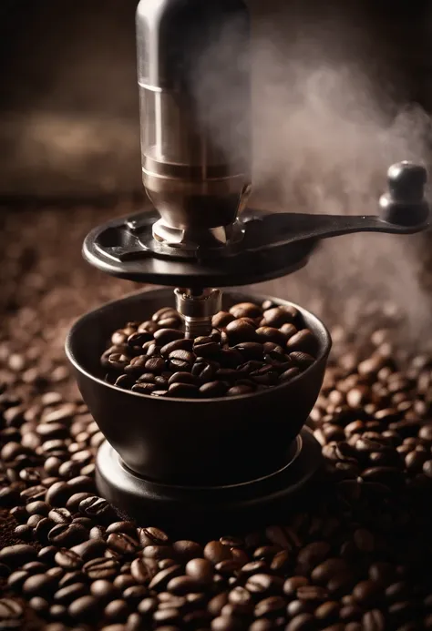 A close-up shot of a coffee bean being ground by a burr grinder, with coffee particles floating in the air, capturing the precision and expertise involved in achieving the perfect grind for brewing